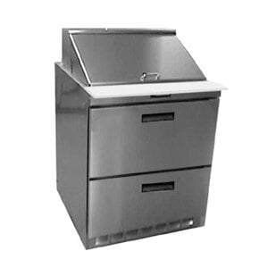 A stainless steel Delfield 2 drawer refrigerated sandwich prep table.