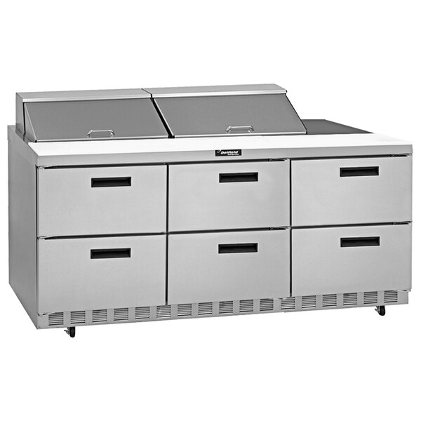 A stainless steel Delfield sandwich prep table with six drawers.
