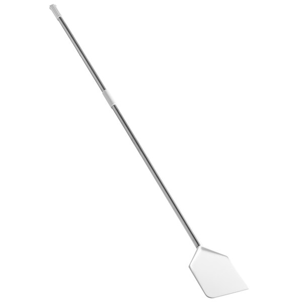 A long silver metal handle for a white rectangular nylon spade.
