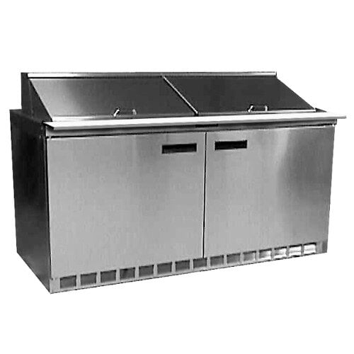 A Delfield stainless steel commercial refrigerator with 4 drawers and a white top.