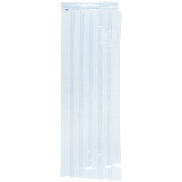 A clear plastic bag with blue and white striped Curtron door strips inside.