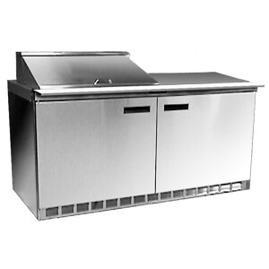 A stainless steel Delfield commercial refrigerated sandwich prep table with two doors.