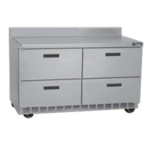 A white Delfield refrigerated sandwich prep table with drawers on wheels.