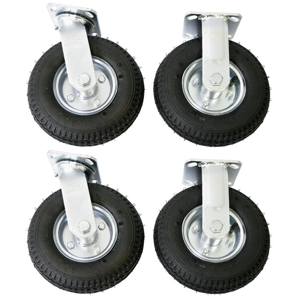A set of 4 black and silver pneumatic caster wheels with rubber tires.