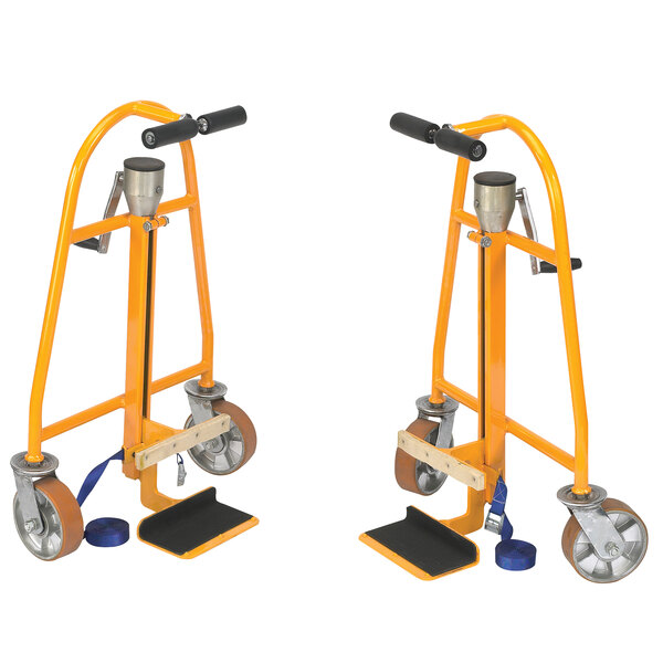 A pair of yellow Wesco hand truck wheels with dolly wheels.