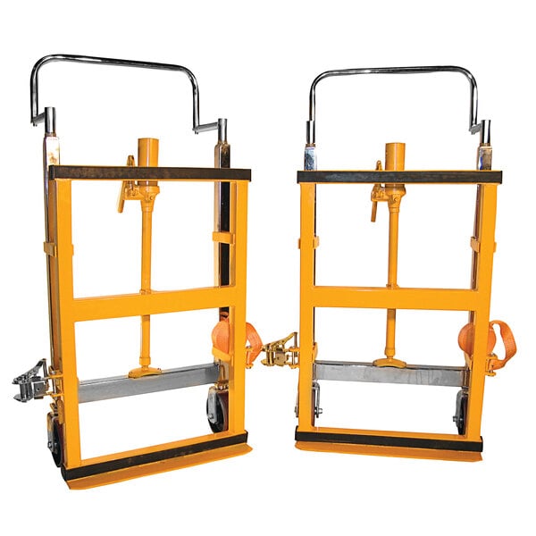 Two yellow Wesco Industrial Products hydraulic lift hand trucks.