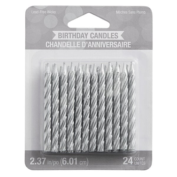 A pack of Creative Converting silver spiral birthday candles.