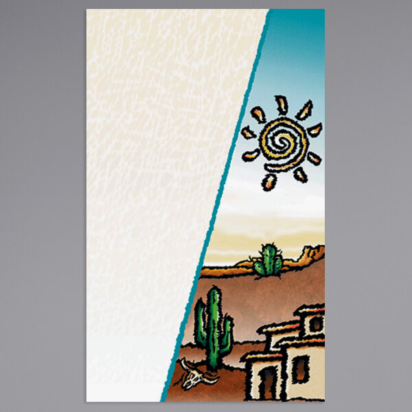 A white rectangular menu paper cover with a blue border featuring a desert landscape and sun drawing.