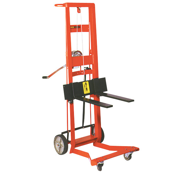 A red and black Wesco Industrial Products forklift with 4 wheels.