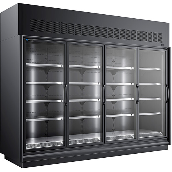 A black Master-Bilt refrigerated merchandiser with glass doors.