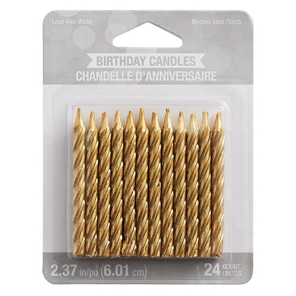 A pack of Creative Converting gold spiral birthday candles.