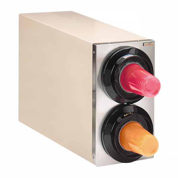 A beige Modular Simpli-Flex countertop cup dispenser with two slots.