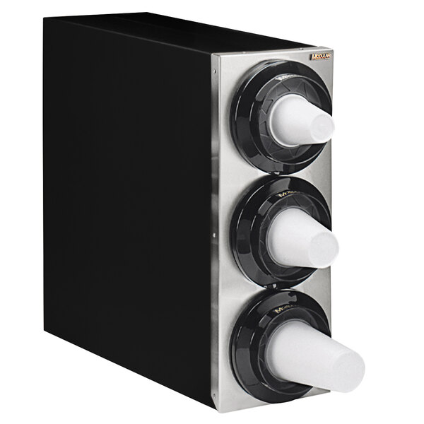 A black Modular Simpli-Flex countertop cabinet with three slots for white plastic cups.