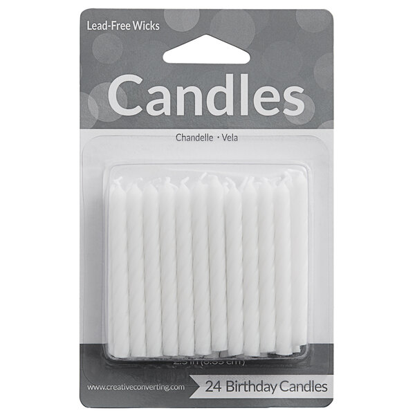 A package of 24 white birthday candles.