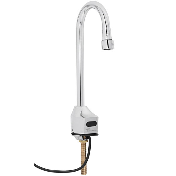 A T&S chrome hands-free sensor faucet with a gooseneck spout and cord.