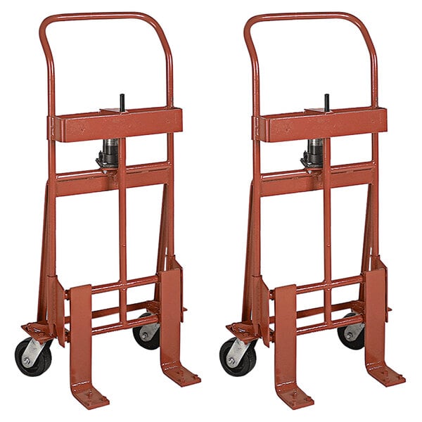 Two red Wesco Industrial Products machinery movers with black wheels.