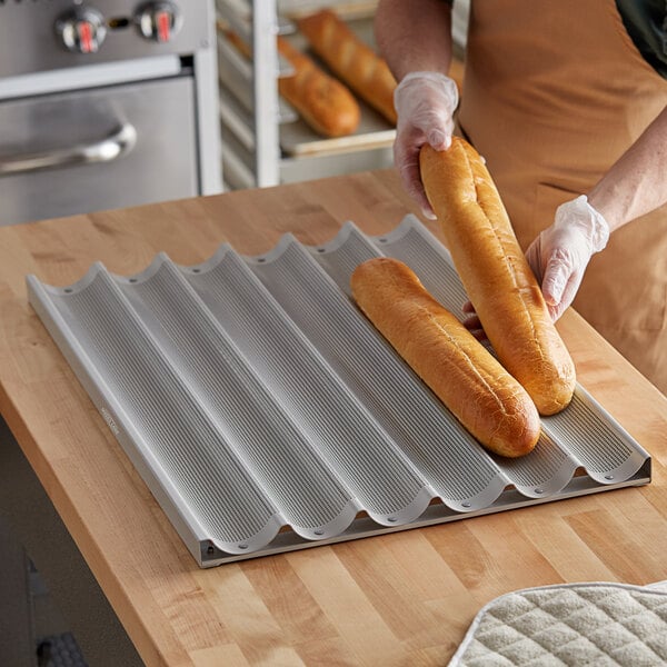 Baker's Lane 6 Loaf Glazed Aluminum Baguette / French Bread Pan - 26" x 2 7/16" x 1" Compartments