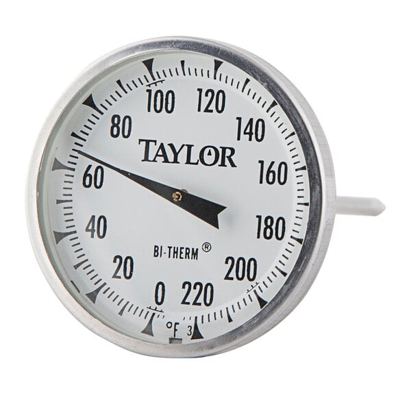A Taylor probe thermometer with a clock face.