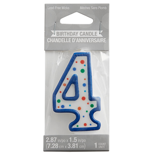 A blue and white birthday candle with the number 4 and polka dots.