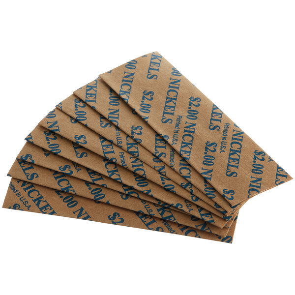 A stack of brown paper Pop-Open Tubular Coin Wrappers with blue writing.