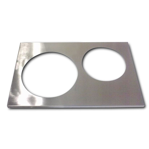 A stainless steel plate with two circles.