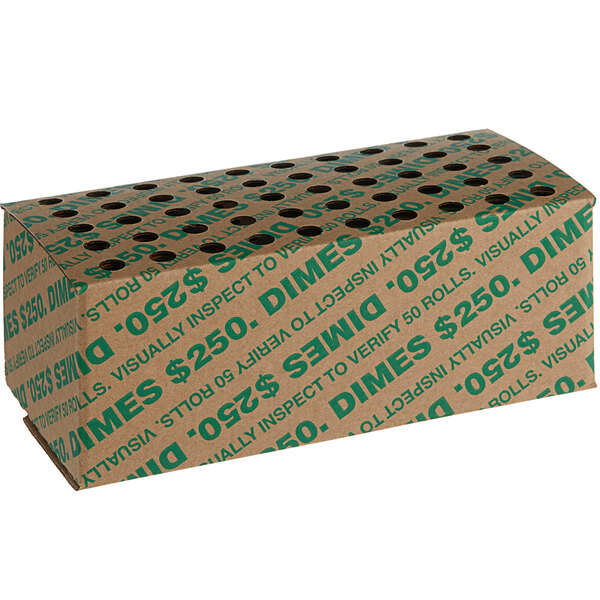 A brown cardboard box for 50 cases of dimes with green dots on it.