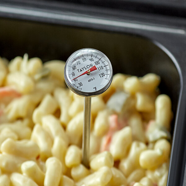A Taylor pocket probe thermometer in a bowl of macaroni and cheese.