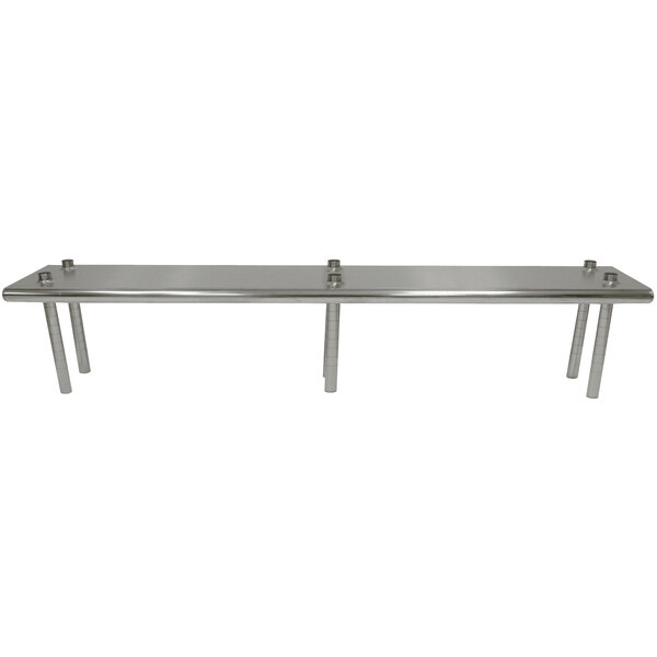A stainless steel table mounted shelving unit with metal legs.