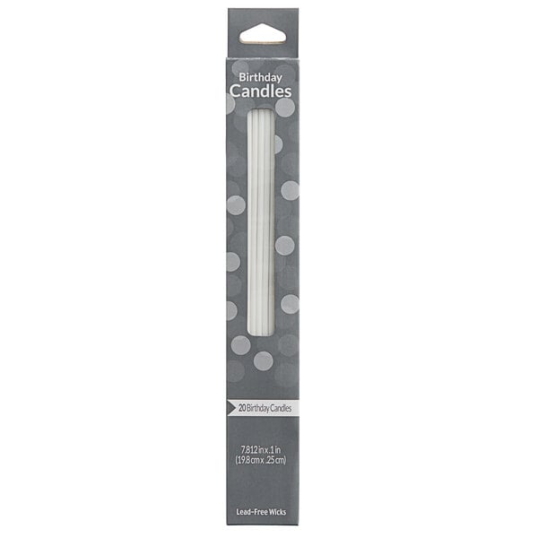 A package of white Creative Converting birthday candles with grey polka dots.