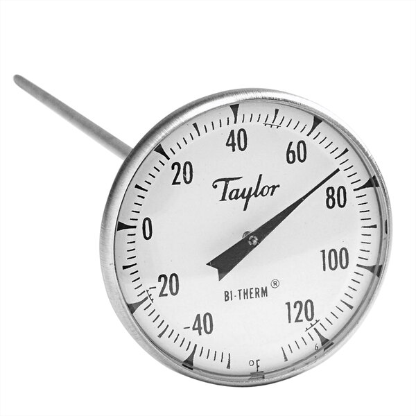 A close-up of a Taylor Superior Grade instant read probe dial thermometer.