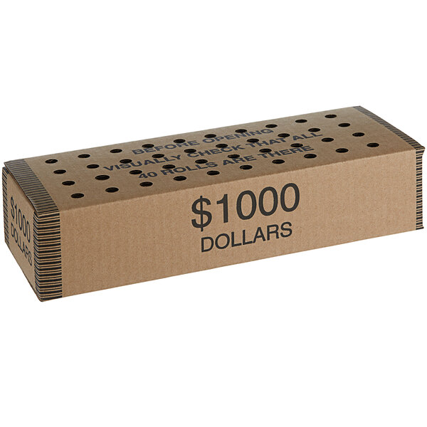 A brown cardboard box for $1000 in dollars with holes in it.