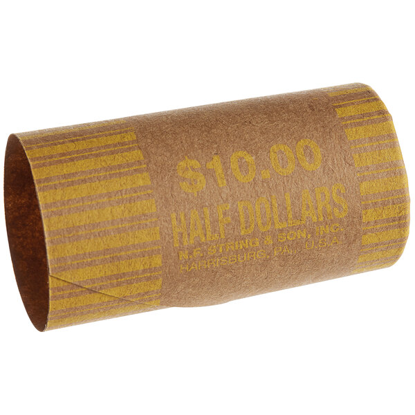 A case of preformed half dollar coin wrappers. A roll of yellow and brown paper with the words "half dollar."