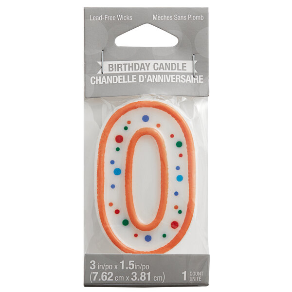 A package containing a white birthday candle with orange polka dots in the shape of the number 0.