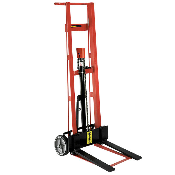 A red and black Wesco Industrial Products hydraulic hand truck with forks.