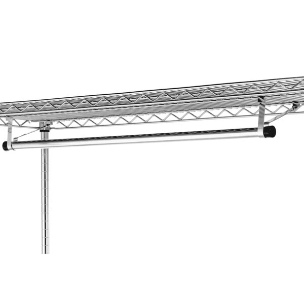 A Metro garment hanger tube with brackets for a shelf. A metal rod attached to a metal bar.