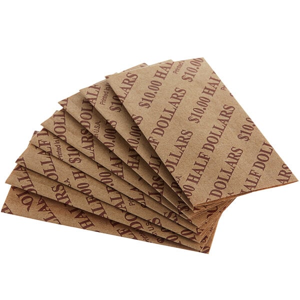 A stack of brown paper coin wrappers with red writing.