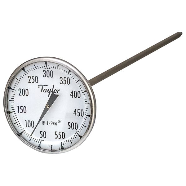A Taylor 6220J Superior Grade Instant Read Probe Dial Thermometer with a white background and silver handle.