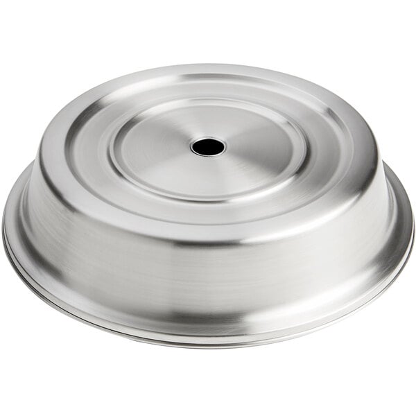 An American Metalcraft stainless steel plate cover with a hole in the center.