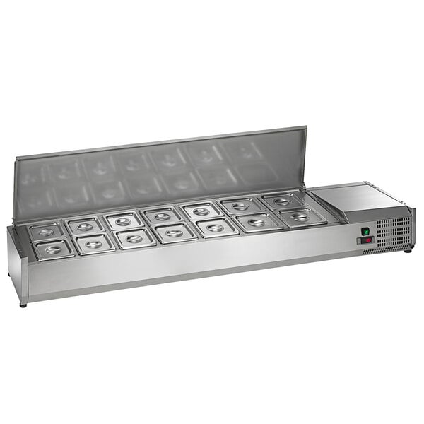 An Arctic Air stainless steel refrigerated countertop condiment prep station with a lid open to reveal several compartments.