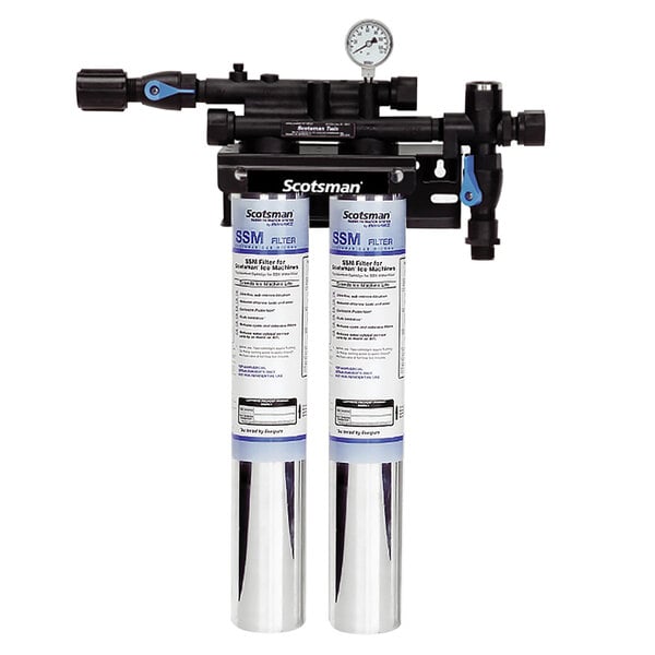 The Scotsman SSM Plus Twin Water Filtration System with AquaArmor with two blue gauges on a white container.