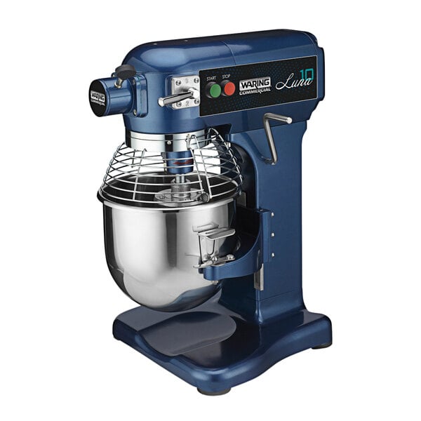 A blue Waring Luna stand mixer with metal bowl.