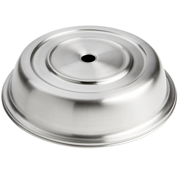 An American Metalcraft stainless steel plate cover with a satin finish and a hole in the center.