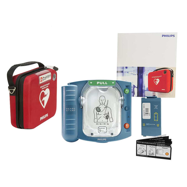 A red Philips HeartStart AED kit bag with a white and blue label.