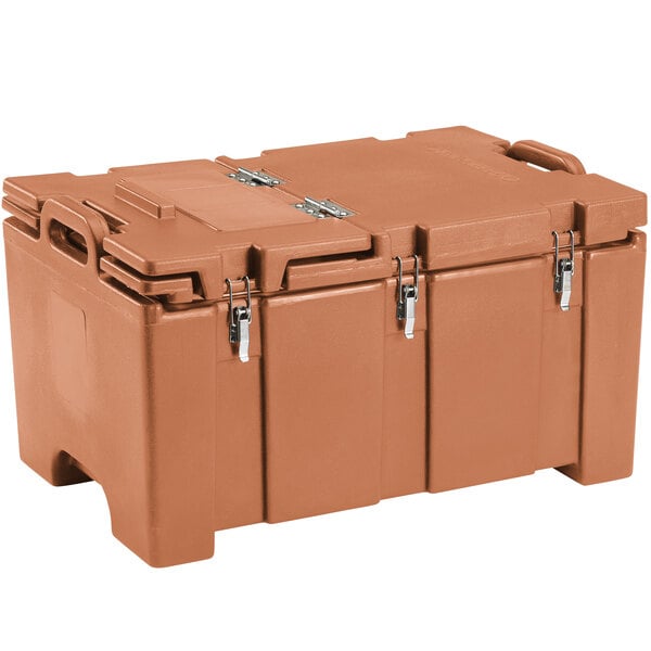 A brown Cambro food pan carrier with a hinged lid and handles.