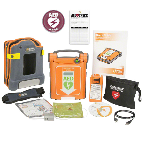 A grey and orange Cardiac Science G5 AED bag with a window showing an orange Cardiac Science G5 AED machine.