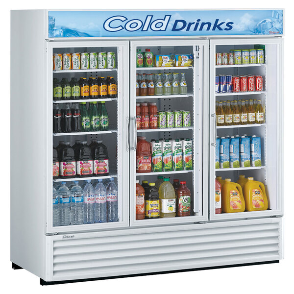 A white Turbo Air merchandising cooler with drinks and beverages inside.