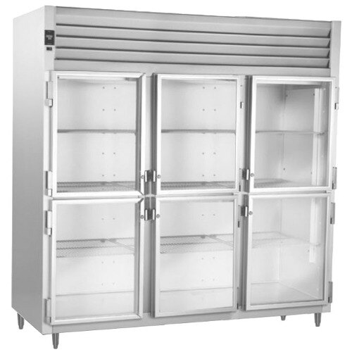 A stainless steel Traulsen reach-in refrigerator with glass doors.
