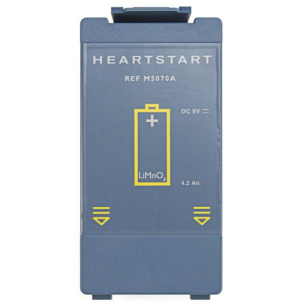 A blue and yellow Philips HeartStart battery pack with white and yellow text.