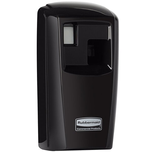 A black plastic dispenser with a white label for the Rubbermaid Microburst 3000 Air Freshener System.