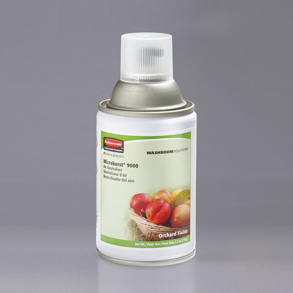 A white Rubbermaid Microburst air freshener refill can with a label featuring apples and oranges.